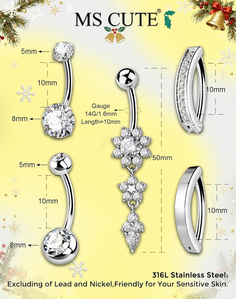 MS CUTE 5PCS Belly Button Rings for Women 14G Dangle Navel Piercing Jewelry Set Surgical Stainless Steel Body Jewelry with CZ Butterfly Flower Teardrop Barbell for Beach Festival Daily - Image 4